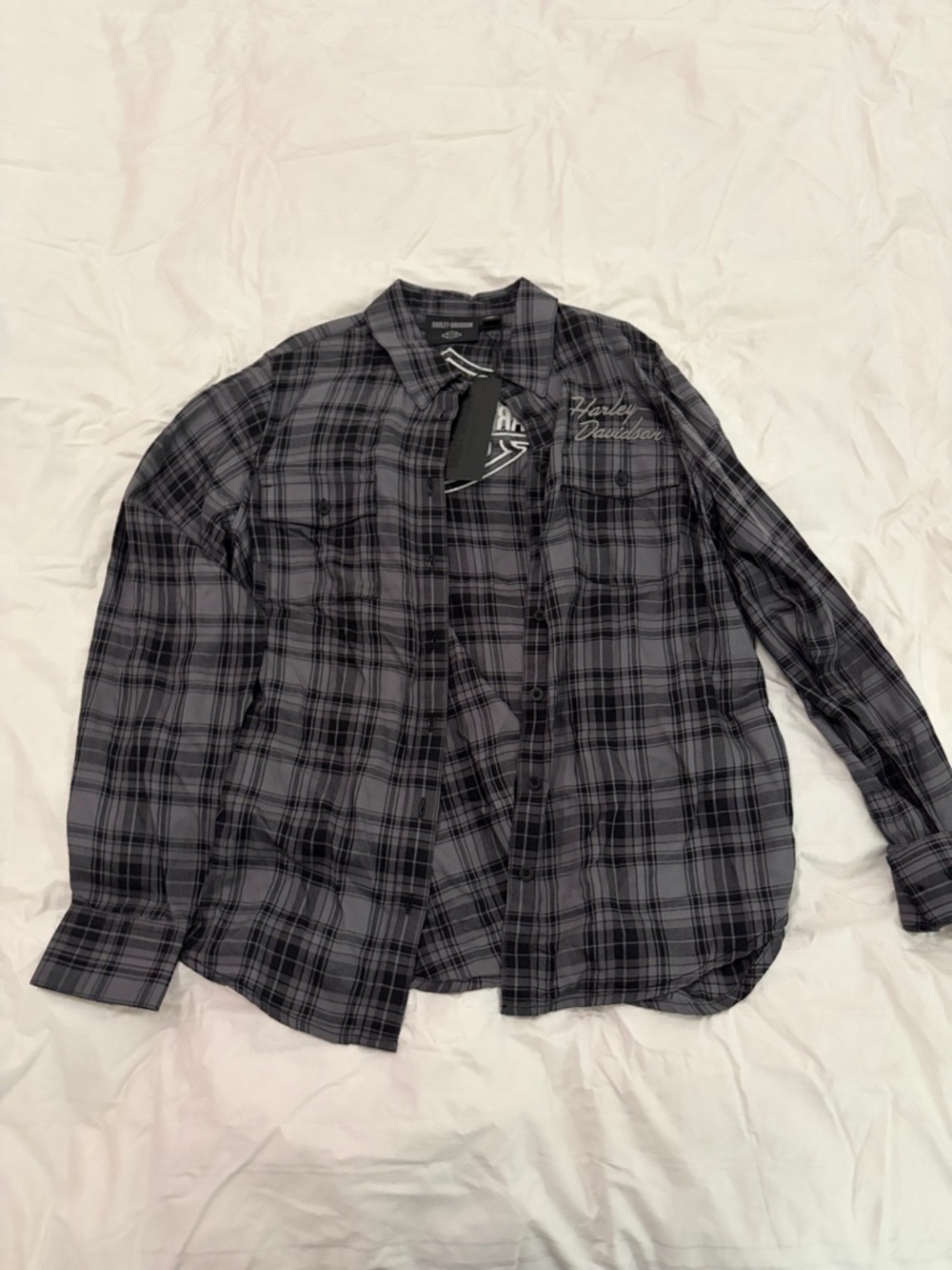 Harley-Davidson Black and Gray Plaid Button-Front Shirt